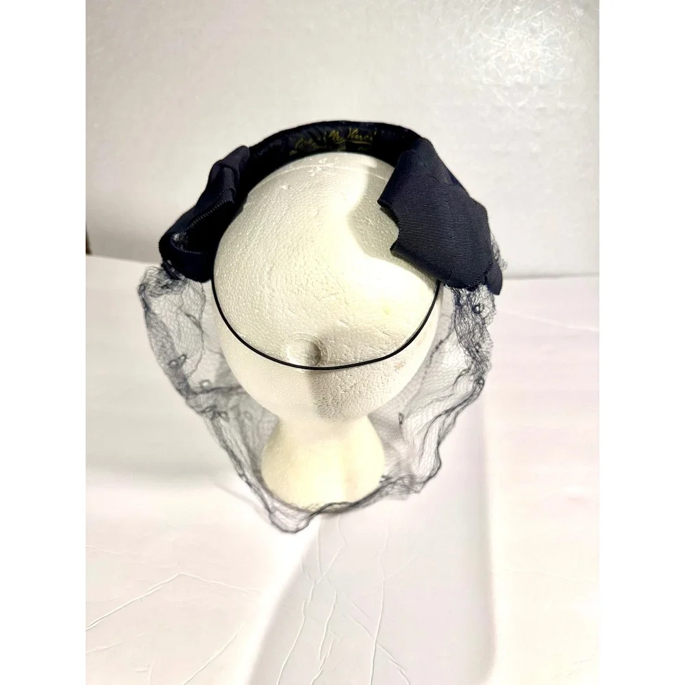 Vintage Camille Vinci Paris Navy Velvet Pillbox Hat Birdcage Veil France Bow